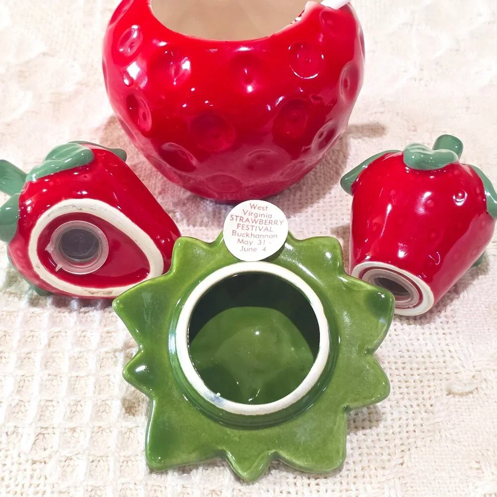 Vintage Brinn's Ceramic Strawberry Jam Jar and Salt & Pepper Shakers PA